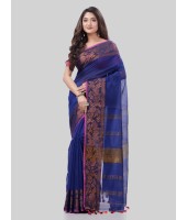 DESH BIDESH Women`s Cotton Handloom Cotton Silk Saree Gulab Work With Blouse Piece(Deep Blue)